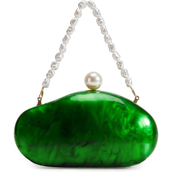 Acrylic Evening Clutch Purse for Women Dark Green Pearl Chain Chic Handbag - Picture 1 of 8